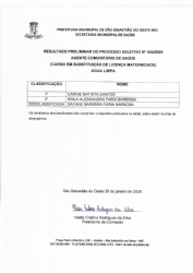 Resultado Preliminar Processo Seletivo N° 004/2025 - Agente Comunitário de Saúde (Cargo em substituição de licença maternidade) Água Limpa