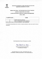 Resultado Final do Processo Seletivo N° 004/2025 - Agente Comunitário de Saúde (Cargo em substituição de Licença Maternidade) Água Limpa