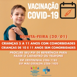 Vacinação infantis de 11 a 5 anos com com comorbidades e de crianças de 10 e 11 anos sem comorbidades