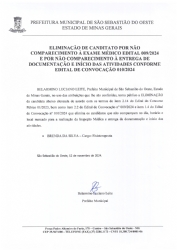 Eliminação de Candidato por não comparecimento à Exame Médico Edital 009/2024 e por não comparecimento à Entrega de Documentação e Início das Atividades conforme Edital de Convocação 010/2024