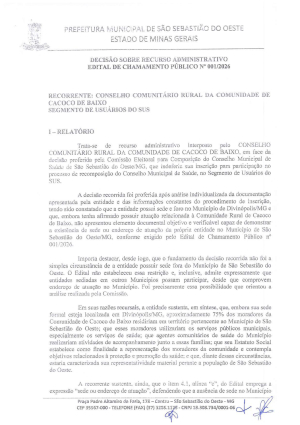 Decisão - Recurso Administrativo - Edital de Chamamento público no 01/2026 - Recorrente:Conselho Comunitário Rural da Comunidade de Cacoco de Baixo