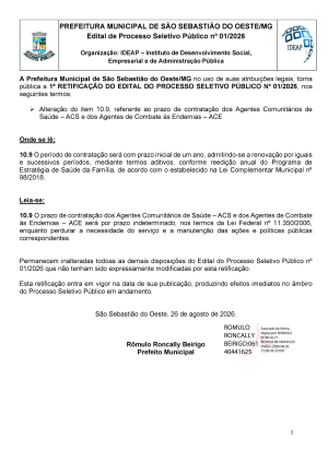 1ª Retificação do Edital do Processo Seletivo Público nº 01/2026 (ACS e ACE)