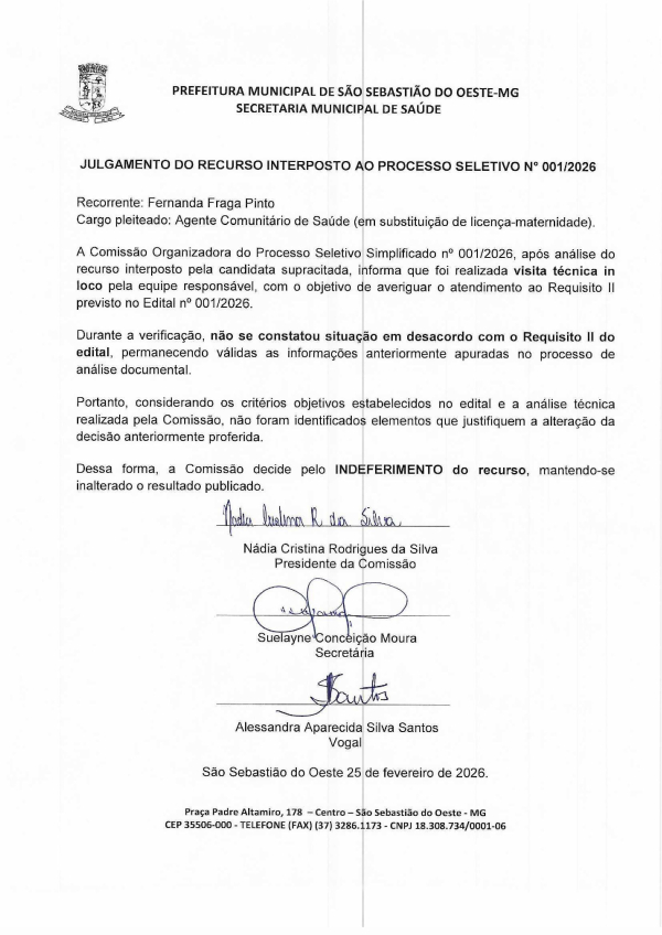 Julgamento Recurso - Processo Seletivo 01/2026 - Agente Comunitário de Saúde