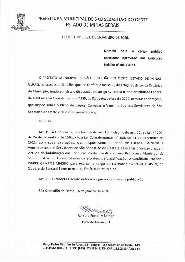 Nomeia para o cargo público candidato aprovado em Concurso Público n° 001/2023 - Decreto 1.691/2026