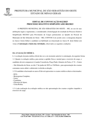 Edital de Convocação 012/2025 - Processo Seletivo Simplificado 002/2023