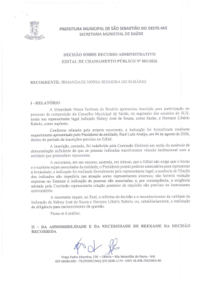 Decisão - Recurso Administrativo - Edital de Chamamento público no 01/2026 - Recorrente: Irmandade de Nossa Senhora do Rosário de São Sebastião do Oeste/MG