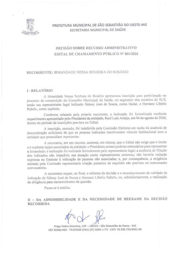 Decisão - Recurso Administrativo - Edital de Chamamento público no 01/2026 - Recorrente: Irmandade de Nossa Senhora do Rosário de São Sebastião do Oeste/MG