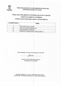 Resultado Preliminar - Processo seletivo simplificado para preenchimento de vagas de agentes de combate a endemias (Edital nº 009/2025)