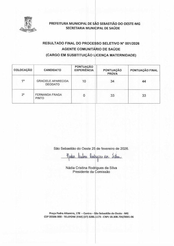 Resultado Final - Processo Seletivo 01/2026 - Agente Comunitário de Saúde