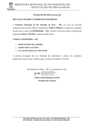 Divulgação dos candidatos inscritos - Processo Seletivo - Enfermeiro - ESF