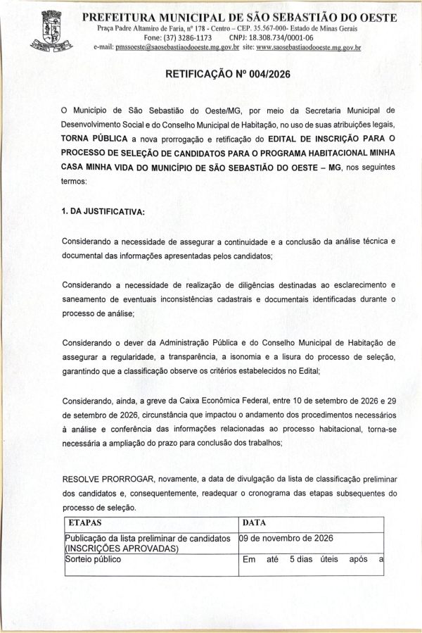 Retificação - Edital de inscrição Minha Casa Minhas Vida