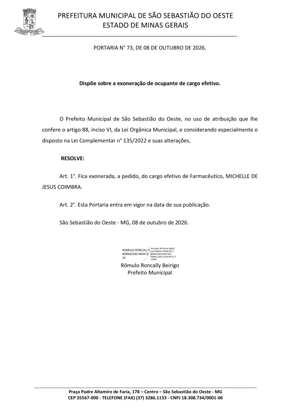 Dispõe sobre a exoneração de ocupante de cargo efetivo - (Portaria n° 73/2026)