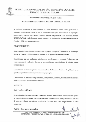 Despacho de Retificação - Processo Seletivo - Enfermeiro ESF, Técnico de Enfermagem ESF, Educador Físico em caráter temporário