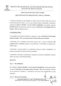 Despacho de Retificação - Processo Seletivo - Enfermeiro ESF, Técnico de Enfermagem ESF, Educador Físico em caráter temporário