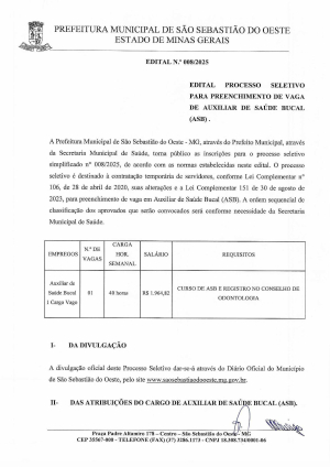 Edital Nº 008/2025- Processo Seletivo para preenchimento de vaga de Auxiliar de Saúde Bucal (ASB)
