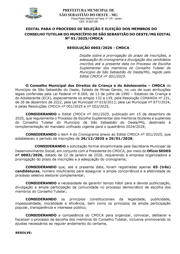 Prorrogação do prazo de inscrições no Processo de Escolha Suplementar dos membros do Conselho Tutelar - Edital 001/2025/CMDCA