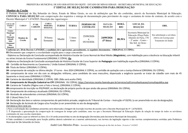 Convocação Monitor de Creche 24.09.2026 - Edital 01/2026