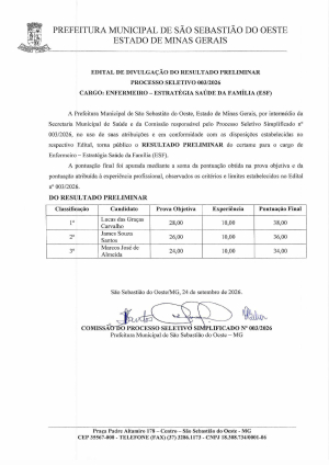 Resultado Preliminar - Processo Seletivo - Enfermeiro - ESF