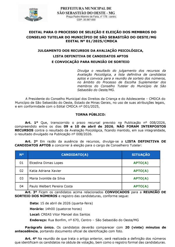 Julgamento dos Recursos da Avaliação Psicológica, Lista Definitiva de Candidatos Aptos e Convocação para Reunião de Sorteio - Processo Seletivo Suplementar Conselho Tutelar