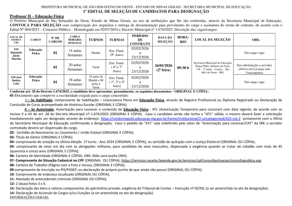 Convocação Professor II – Educação Física - Edital 01/2026