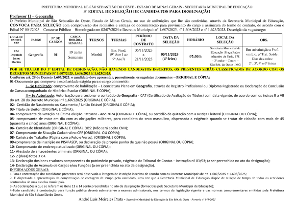 Convocação Professor II Geografia - Edital 03/2025