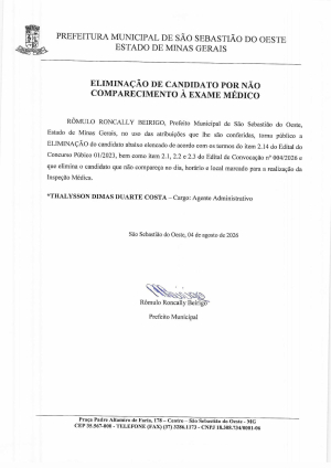 Eliminação de Candidato por não comparecimento à Exame Médico - Concurso Público 001/2023