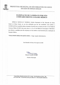 Eliminação de Candidato por não comparecimento à Exame Médico - Concurso Público 001/2023