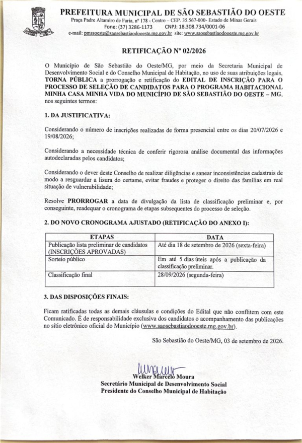 Retificação Nº 002/2026 - MCMV