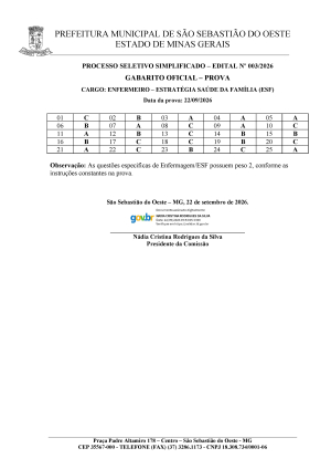 Gabarito Oficial - Processo Seletivo Simplificado nº 003/2026 - Enfermeiro (ESF)