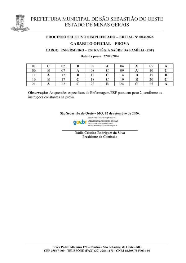 Gabarito Oficial - Processo Seletivo Simplificado nº 003/2026 - Enfermeiro (ESF)