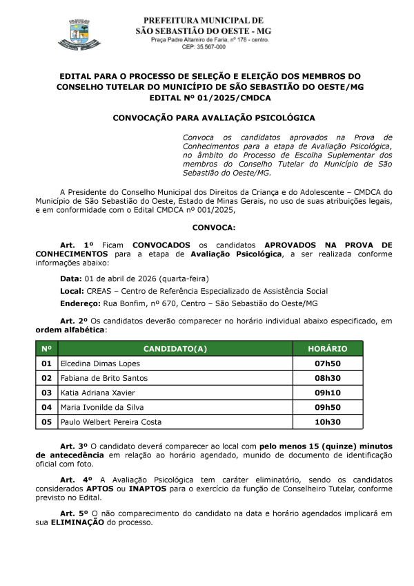 Convocação para Avaliação Psicológica - Edital 001/2025/CMDCA