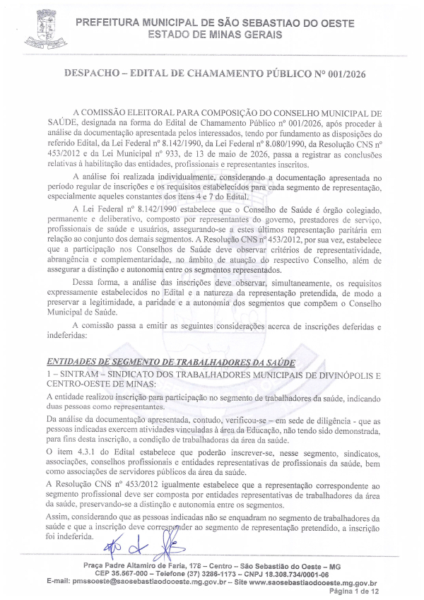 Edital de Chamamento Público N° 001/2026 - Composição do Conselho Municipal de Saúde