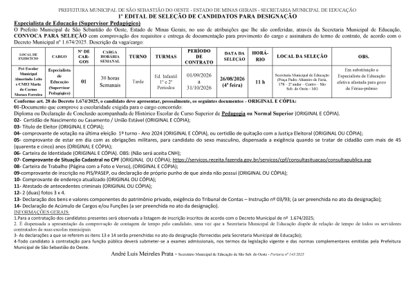 Convocação Especialista de Educação (Supervisor Pedagógico) - Edital 01/2026 (26.08.2026)