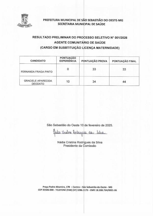 Resultado Preliminar do Processo Seletivo Nº 001/2026 - Agente Comunitário de Saúde