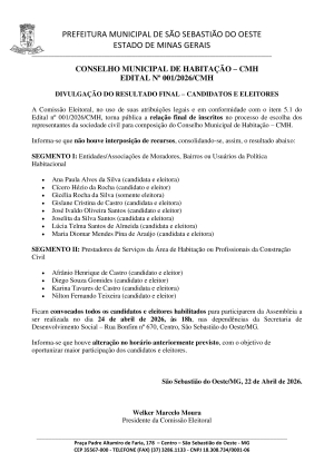 Divulgação do Resultado Final (Candidatos e Eleitores) - Conselho Municipal de Habitação (Edital nº 001/2026/CMH)
