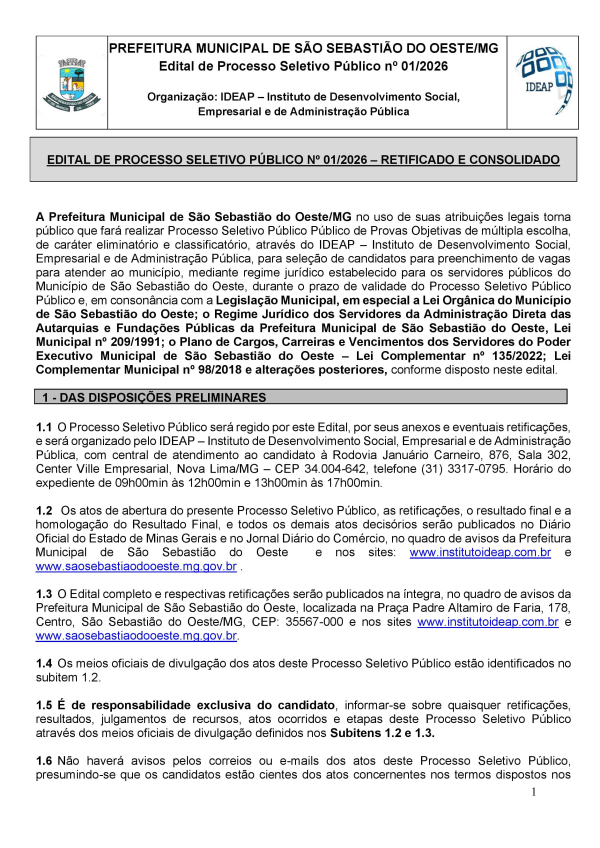 Edital do Processo Seletivo Público nº 01/2026 (ACS e ACE)