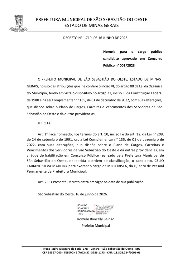 Nomeia para o cargo público candidato aprovado em Concurso Público n° 001/2023 - Decreto 1.710/2026