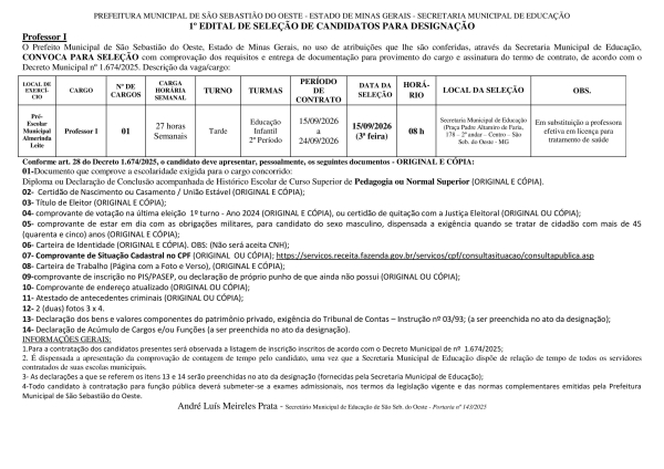 Convocação Professor I - Edital 01/2026 (15.09.2026)