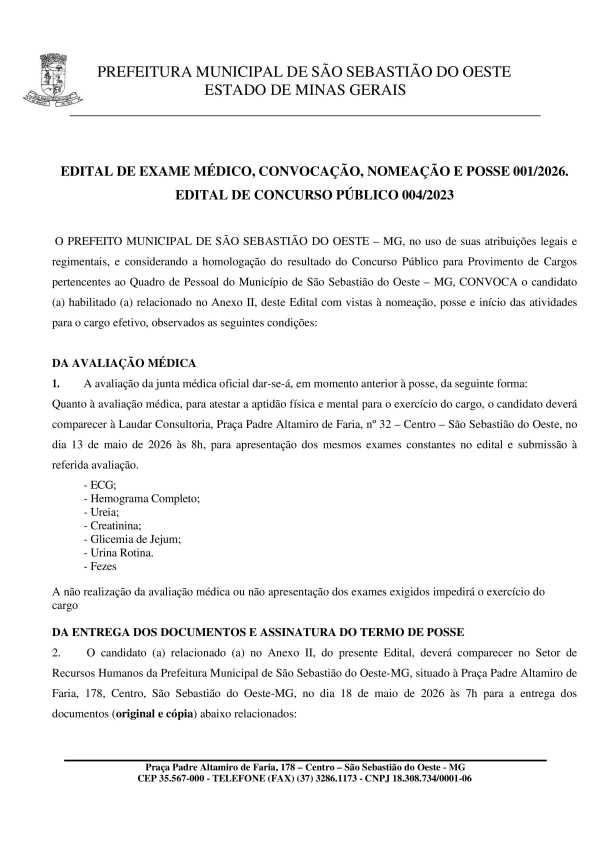 Edital de Exame Médico, Convocação, Nomeação e Posse 001/2026 - Concurso Público 004/2023