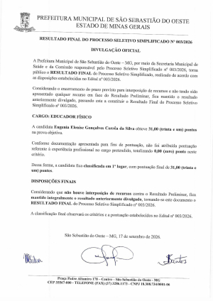 Resultado Final - Processo Seletivo - Enfermeiro ESF, Técnico de Enfermagem ESF, Educador Físico em caráter temporário