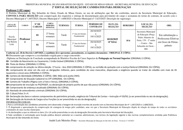 Convocação Professor I - Em Substituição - Edital 02/2025