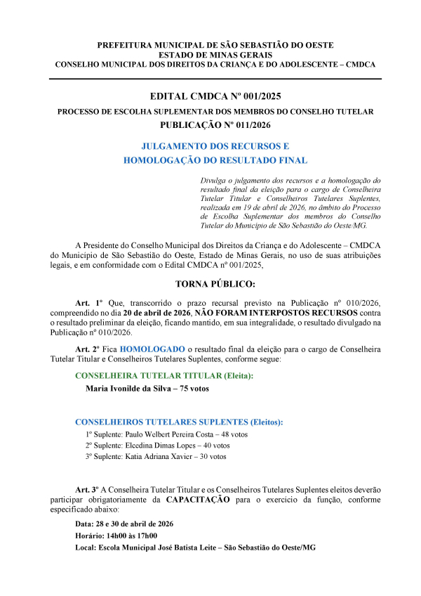 Julgamento dos recursos e homologação do resultado final - CMDCA Nº 001/2025