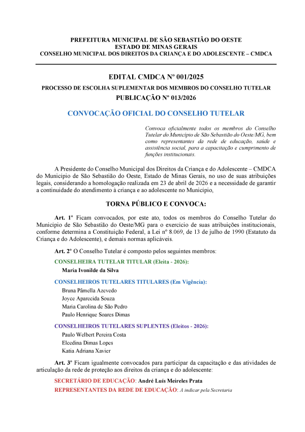 Convocação oficial do Conselho Tutelar - CMDCA Nº 001/2025
